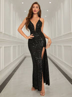 Allurite Vestido Camisole com Fenda Lateral e Lantejoulas para Festa de Férias, Roupa Longa Mulheres