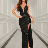 Allurite Vestido Camisole com Fenda Lateral e Lantejoulas para Festa de Férias, Roupa Longa Mulheres