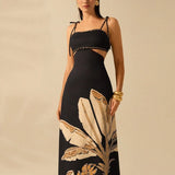 CAJUNI Vestido Boho Feminino Estampa de Árvore de Banana, Vestido Preto Casual de Verão com Amarração Oca na Cintura Sem Mangas, Vestido Casual de Férias