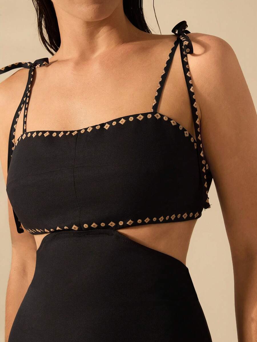 CAJUNI Vestido Boho Feminino Estampa de Árvore de Banana, Vestido Preto Casual de Verão com Amarração Oca na Cintura Sem Mangas, Vestido Casual de Férias