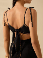 CAJUNI Vestido Boho Feminino Estampa de Árvore de Banana, Vestido Preto Casual de Verão com Amarração Oca na Cintura Sem Mangas, Vestido Casual de Férias