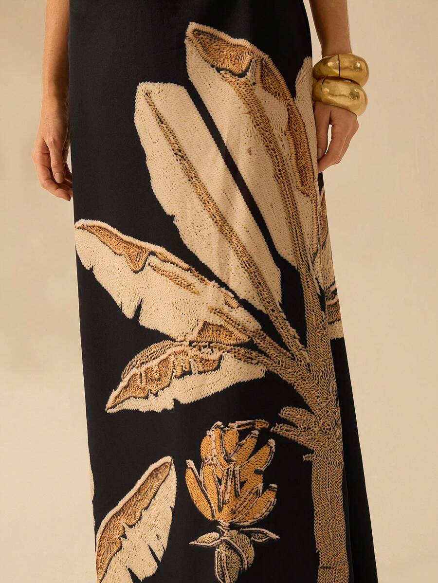 CAJUNI Vestido Boho Feminino Estampa de Árvore de Banana, Vestido Preto Casual de Verão com Amarração Oca na Cintura Sem Mangas, Vestido Casual de Férias