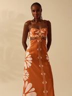 CAJUNI Vestido Estampado Tropical Laranja com Amarração na Cintura, Estilo Boêmio Feminino, Vestido de Praia Casual Solto para o Verão