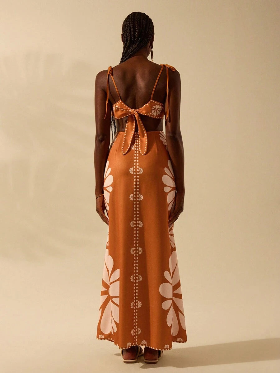 CAJUNI Vestido Estampado Tropical Laranja com Amarração na Cintura, Estilo Boêmio Feminino, Vestido de Praia Casual Solto para o Verão