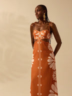 CAJUNI Vestido Estampado Tropical Laranja com Amarração na Cintura, Estilo Boêmio Feminino, Vestido de Praia Casual Solto para o Verão