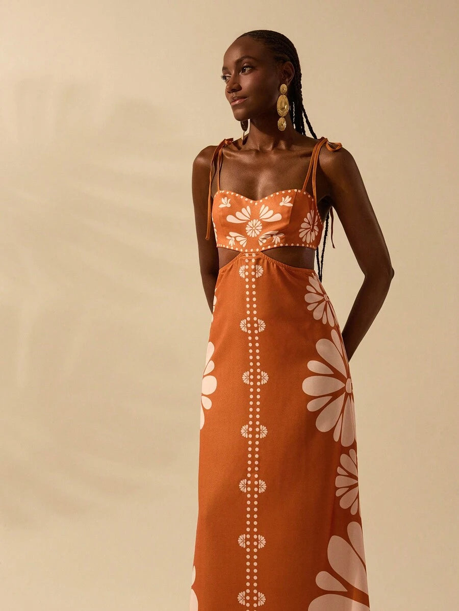 CAJUNI Vestido Estampado Tropical Laranja com Amarração na Cintura, Estilo Boêmio Feminino, Vestido de Praia Casual Solto para o Verão