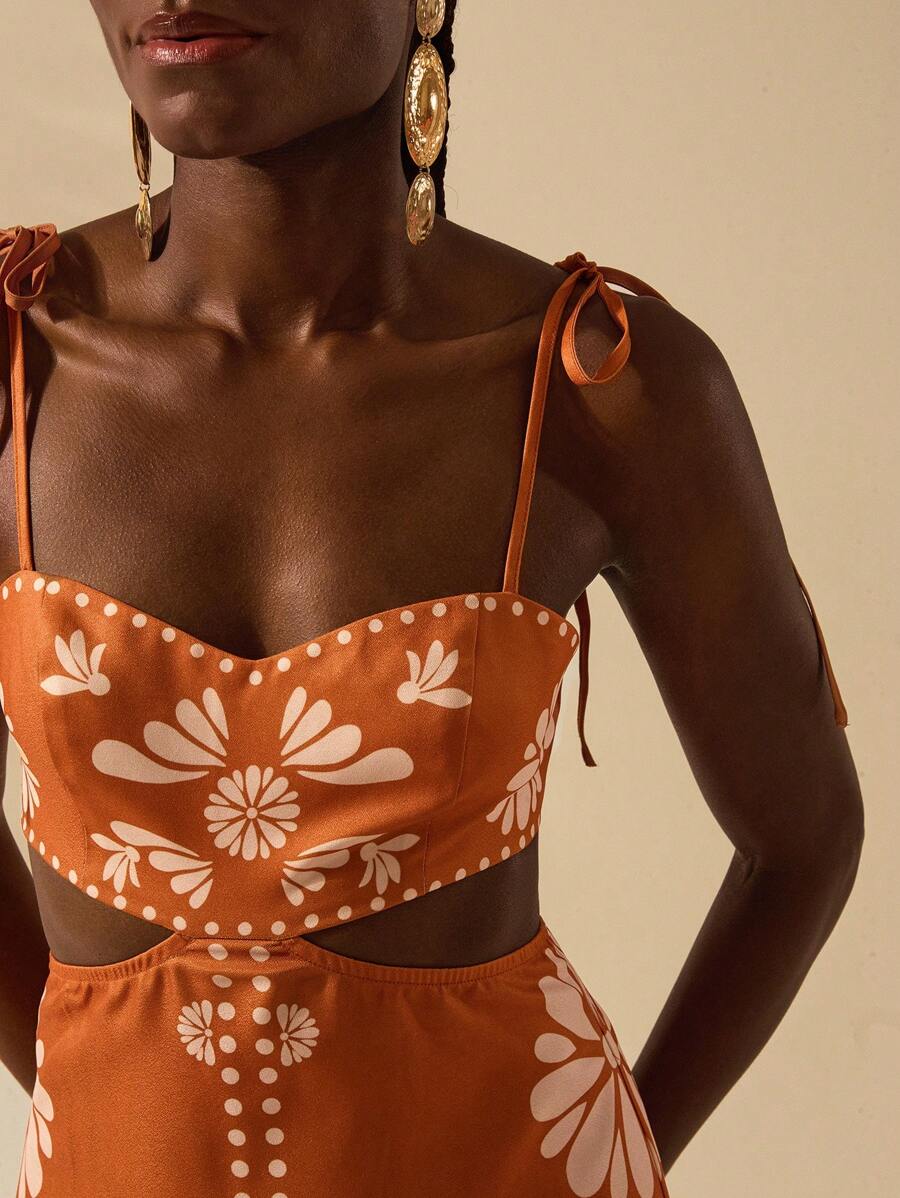 CAJUNI Vestido Estampado Tropical Laranja com Amarração na Cintura, Estilo Boêmio Feminino, Vestido de Praia Casual Solto para o Verão