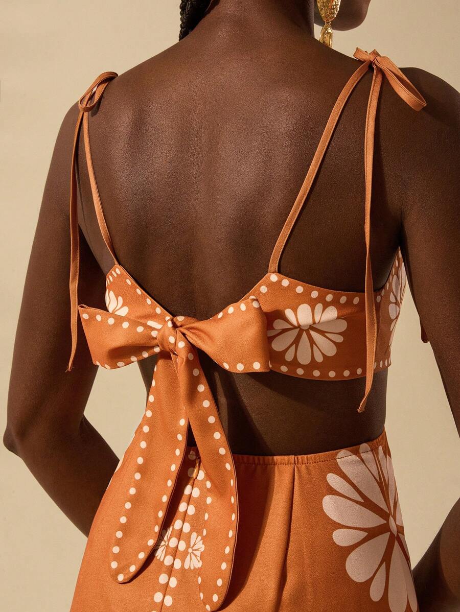 CAJUNI Vestido Estampado Tropical Laranja com Amarração na Cintura, Estilo Boêmio Feminino, Vestido de Praia Casual Solto para o Verão