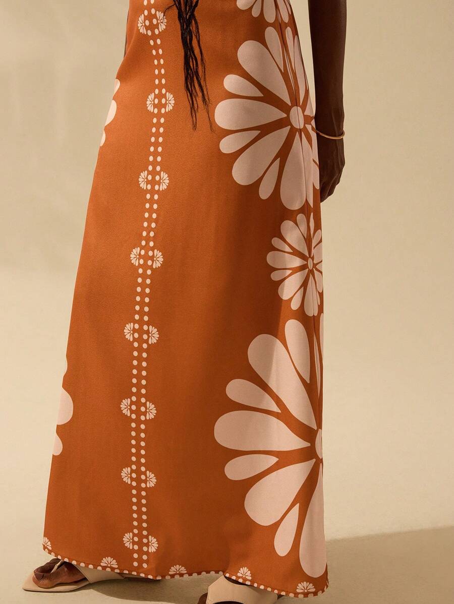 CAJUNI Vestido Estampado Tropical Laranja com Amarração na Cintura, Estilo Boêmio Feminino, Vestido de Praia Casual Solto para o Verão