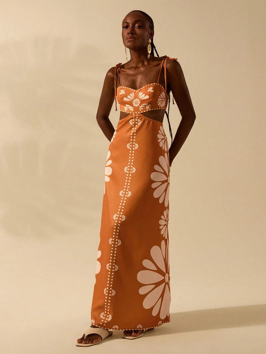 CAJUNI Vestido Estampado Tropical Laranja com Amarração na Cintura, Estilo Boêmio Feminino, Vestido de Praia Casual Solto para o Verão