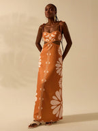 CAJUNI Vestido Estampado Tropical Laranja com Amarração na Cintura, Estilo Boêmio Feminino, Vestido de Praia Casual Solto para o Verão