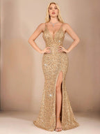 Allurite Vestido Camisole com Fenda Lateral e Lantejoulas para Festa de Férias, Roupa Longa Mulheres