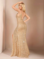 Allurite Vestido Camisole com Fenda Lateral e Lantejoulas para Festa de Férias, Roupa Longa Mulheres