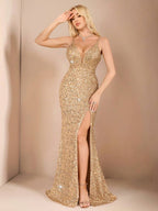 Allurite Vestido Camisole com Fenda Lateral e Lantejoulas para Festa de Férias, Roupa Longa Mulheres