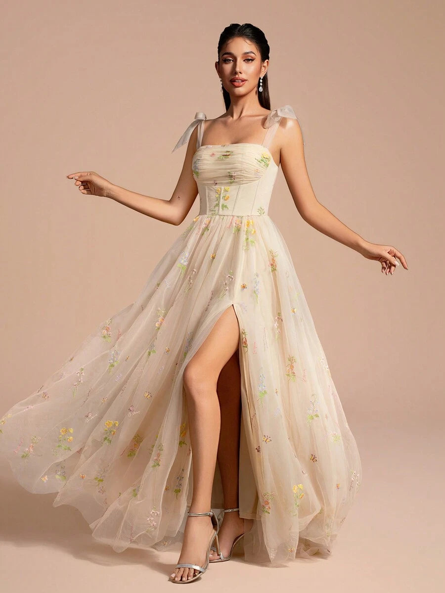 Vestido Formal de Coquetel com Alça de Espaguete, Comprimento de Chá, com Bordado Floral e Tela Transparente, Vestido de Festa, Vestido para Convidado de Casamento, Vestido de Formatura