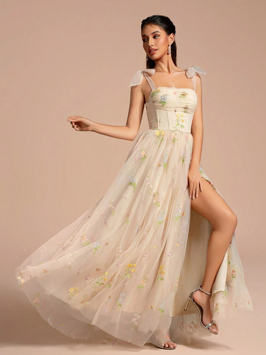 Vestido Formal de Coquetel com Alça de Espaguete, Comprimento de Chá, com Bordado Floral e Tela Transparente, Vestido de Festa, Vestido para Convidado de Casamento, Vestido de Formatura