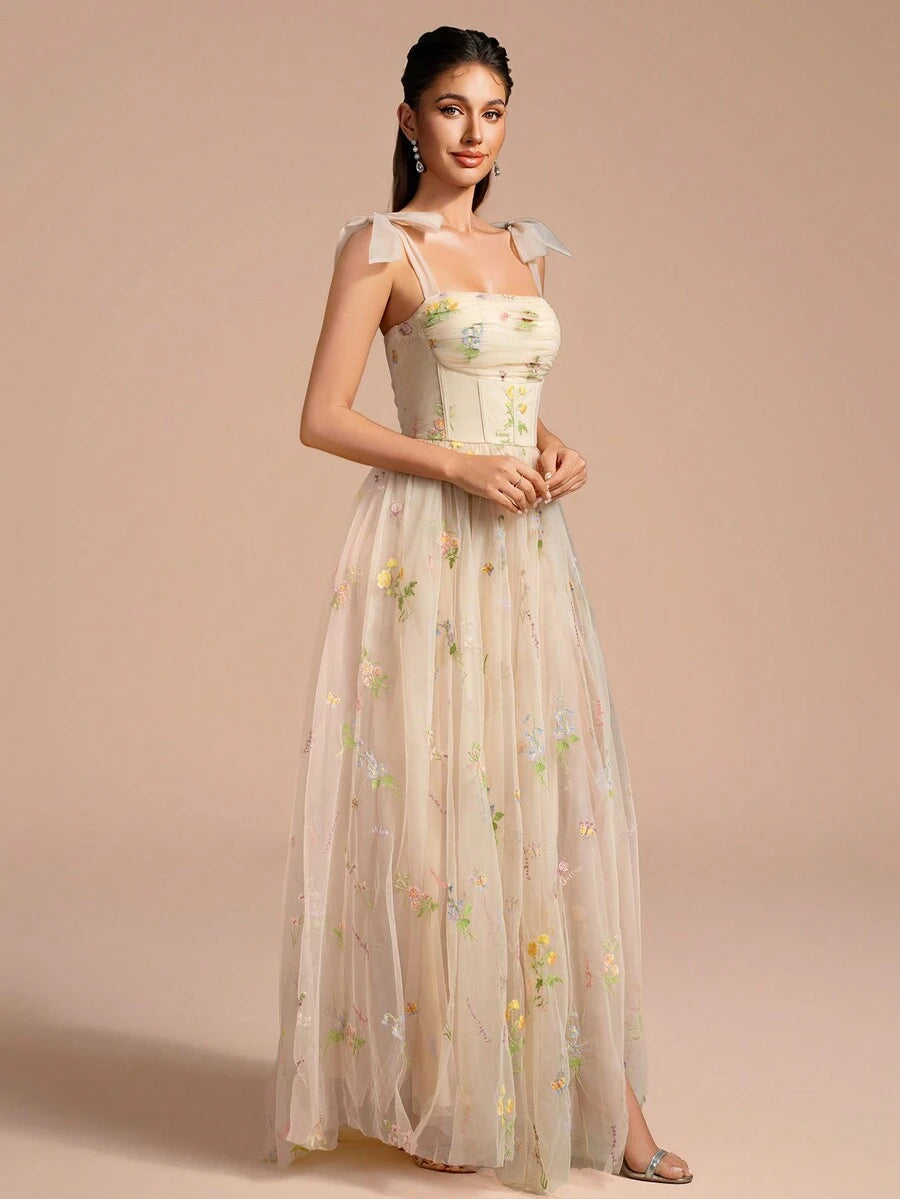 Vestido Formal de Coquetel com Alça de Espaguete, Comprimento de Chá, com Bordado Floral e Tela Transparente, Vestido de Festa, Vestido para Convidado de Casamento, Vestido de Formatura