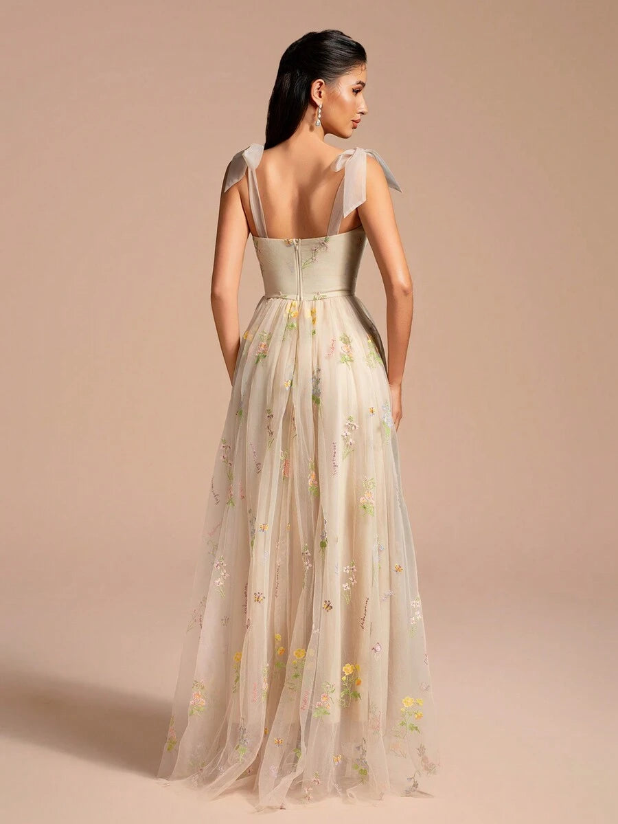 Vestido Formal de Coquetel com Alça de Espaguete, Comprimento de Chá, com Bordado Floral e Tela Transparente, Vestido de Festa, Vestido para Convidado de Casamento, Vestido de Formatura