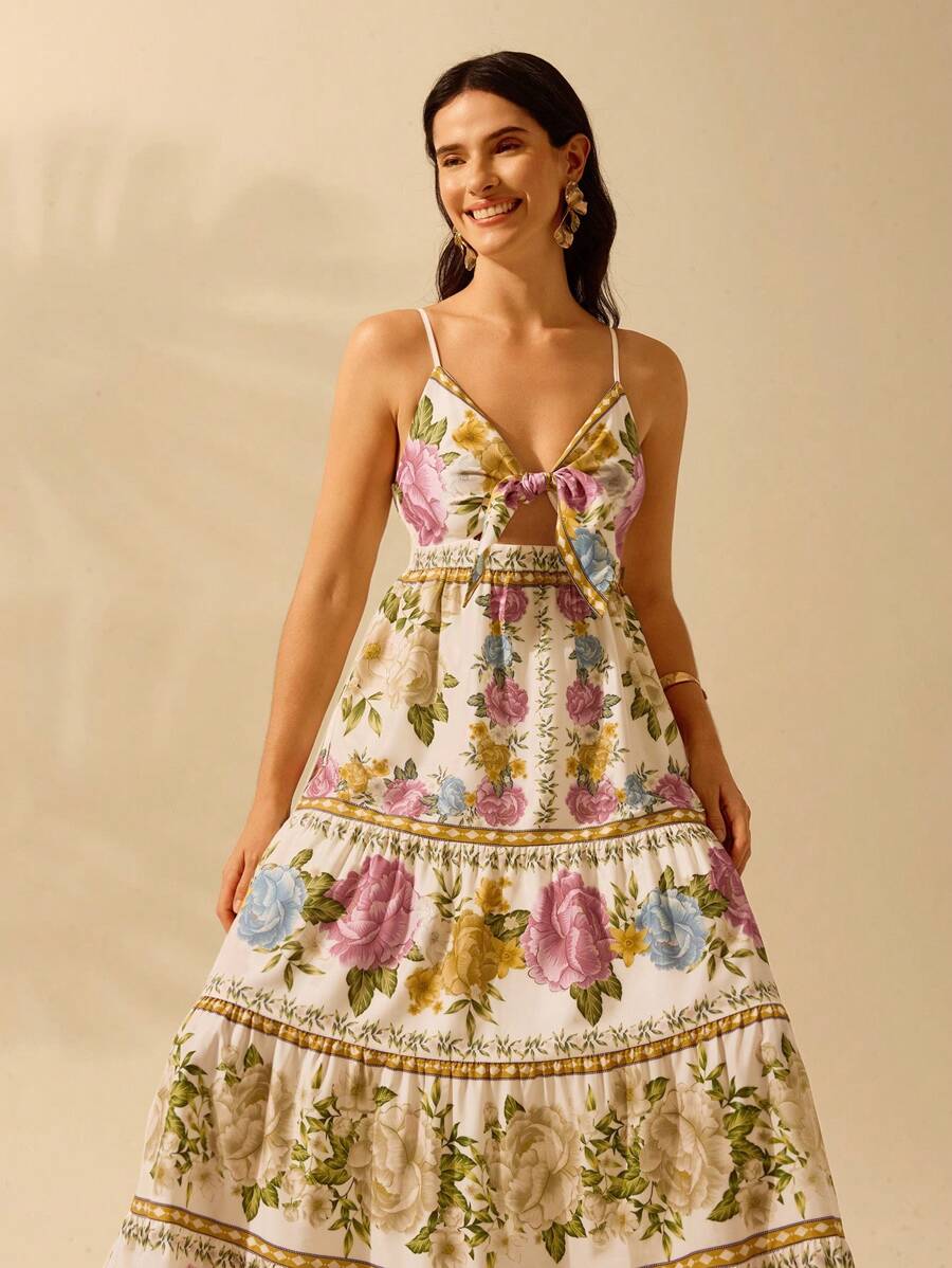 CAJUNI Vestido de Praia Boêmio Elegante e Fofo com Estampa Floral, Amarrado, Oco e Camadas, Feminino, de Férias, Lazer, Verão e Tropical