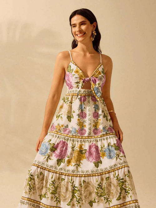 CAJUNI Vestido de Praia Boêmio Elegante e Fofo com Estampa Floral, Amarrado, Oco e Camadas, Feminino, de Férias, Lazer, Verão e Tropical