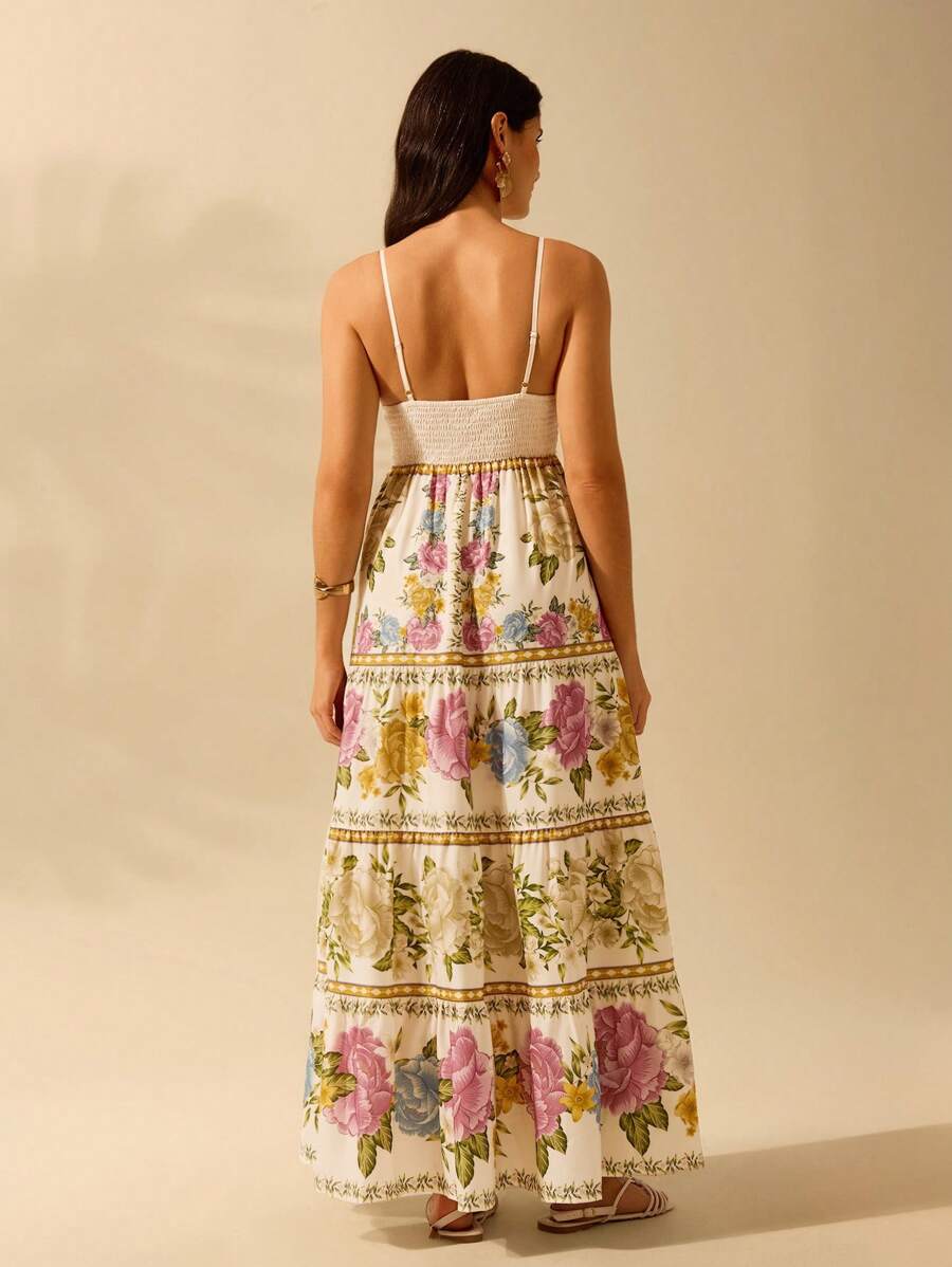 CAJUNI Vestido de Praia Boêmio Elegante e Fofo com Estampa Floral, Amarrado, Oco e Camadas, Feminino, de Férias, Lazer, Verão e Tropical