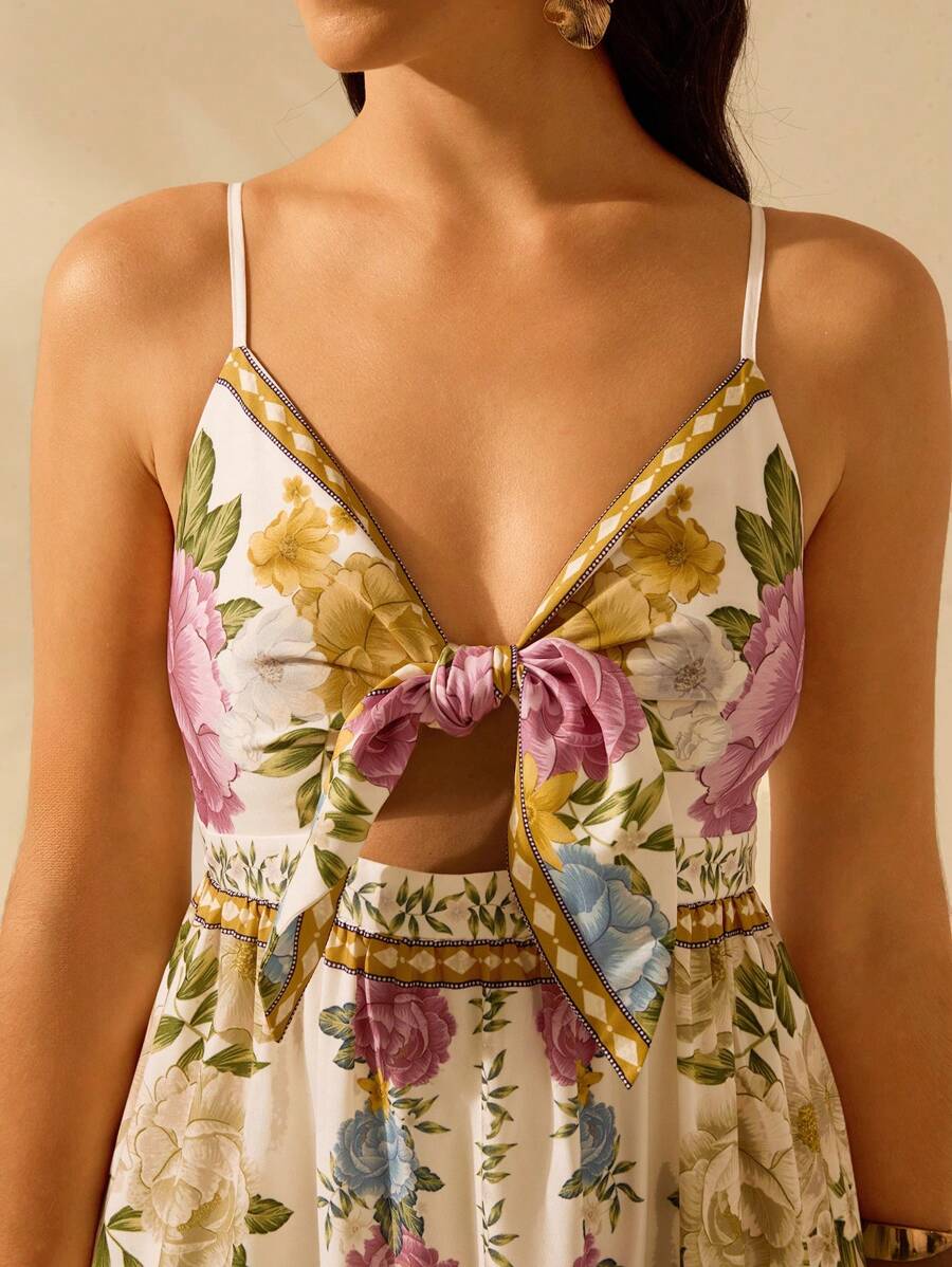 CAJUNI Vestido de Praia Boêmio Elegante e Fofo com Estampa Floral, Amarrado, Oco e Camadas, Feminino, de Férias, Lazer, Verão e Tropical