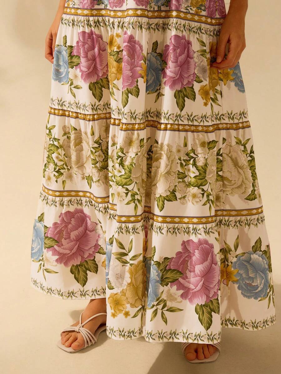 CAJUNI Vestido de Praia Boêmio Elegante e Fofo com Estampa Floral, Amarrado, Oco e Camadas, Feminino, de Férias, Lazer, Verão e Tropical