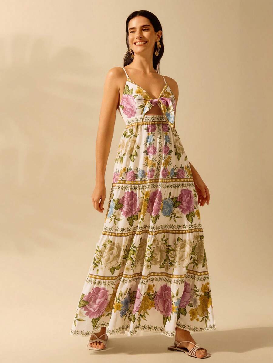 CAJUNI Vestido de Praia Boêmio Elegante e Fofo com Estampa Floral, Amarrado, Oco e Camadas, Feminino, de Férias, Lazer, Verão e Tropical