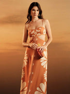 CAJUNI Vestido Estampado Tropical Laranja com Amarração na Cintura, Estilo Boêmio Feminino, Vestido de Praia Casual Solto para o Verão