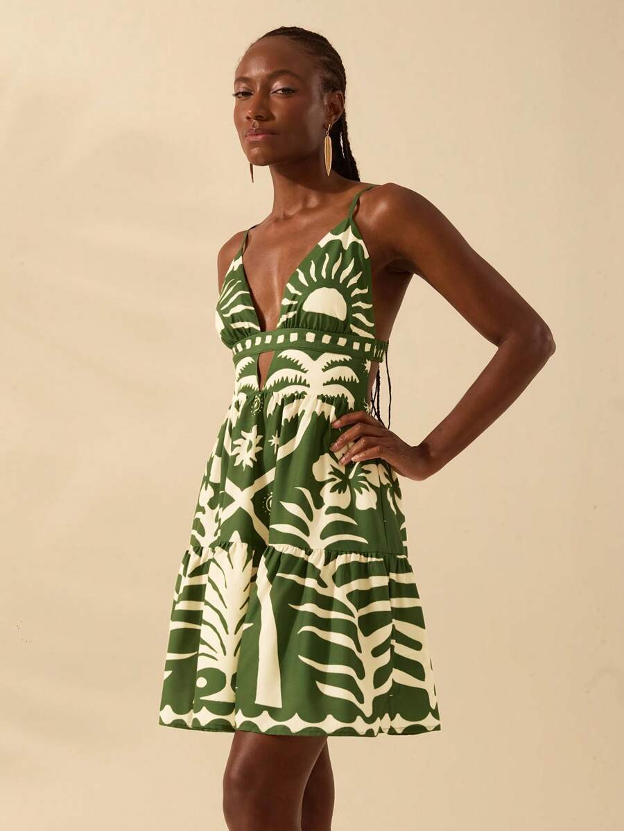 CAJUNI Vestido Curto Feminino Boêmio com Estampa Tropical de Coqueiro Verde e Sol, Decote em V Profundo e Costas Abertas em Corte A-Line