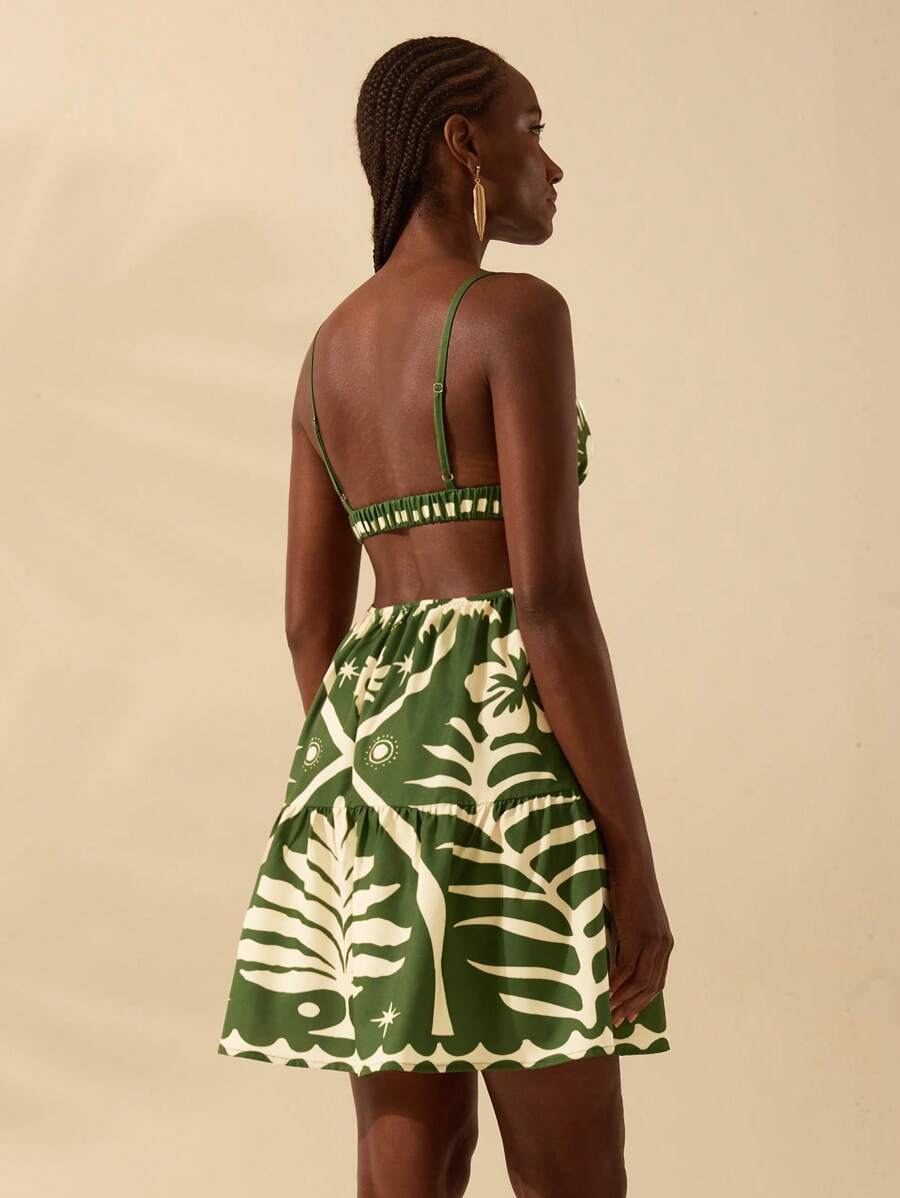 CAJUNI Vestido Curto Feminino Boêmio com Estampa Tropical de Coqueiro Verde e Sol, Decote em V Profundo e Costas Abertas em Corte A-Line