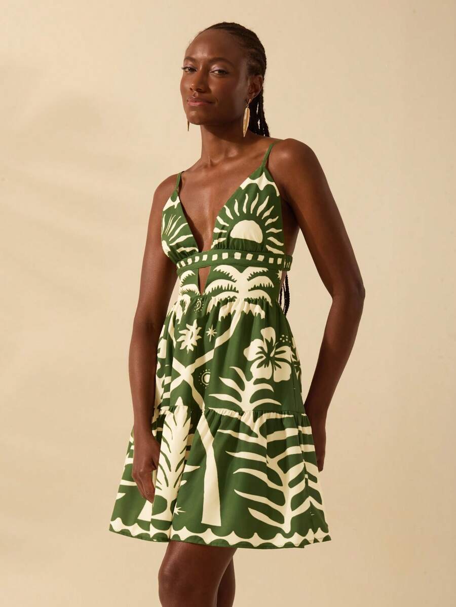 CAJUNI Vestido Curto Feminino Boêmio com Estampa Tropical de Coqueiro Verde e Sol, Decote em V Profundo e Costas Abertas em Corte A-Line