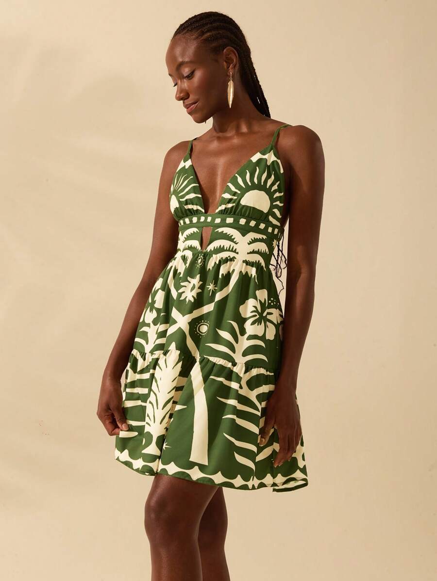 CAJUNI Vestido Curto Feminino Boêmio com Estampa Tropical de Coqueiro Verde e Sol, Decote em V Profundo e Costas Abertas em Corte A-Line