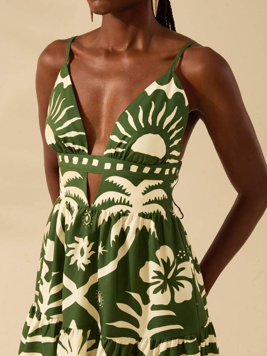 CAJUNI Vestido Curto Feminino Boêmio com Estampa Tropical de Coqueiro Verde e Sol, Decote em V Profundo e Costas Abertas em Corte A-Line