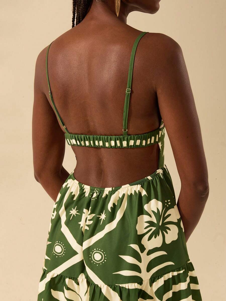 CAJUNI Vestido Curto Feminino Boêmio com Estampa Tropical de Coqueiro Verde e Sol, Decote em V Profundo e Costas Abertas em Corte A-Line