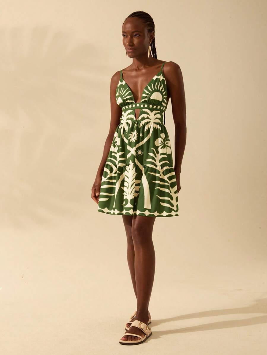 CAJUNI Vestido Curto Feminino Boêmio com Estampa Tropical de Coqueiro Verde e Sol, Decote em V Profundo e Costas Abertas em Corte A-Line