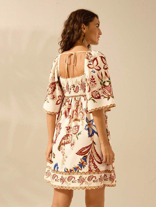 CAJUNI Vestido Curto Casual de Férias Vintage com Estampa Floral Tropical Boêmia para Mulheres