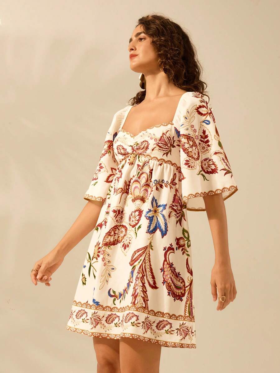 CAJUNI Vestido Curto Casual de Férias Vintage com Estampa Floral Tropical Boêmia para Mulheres