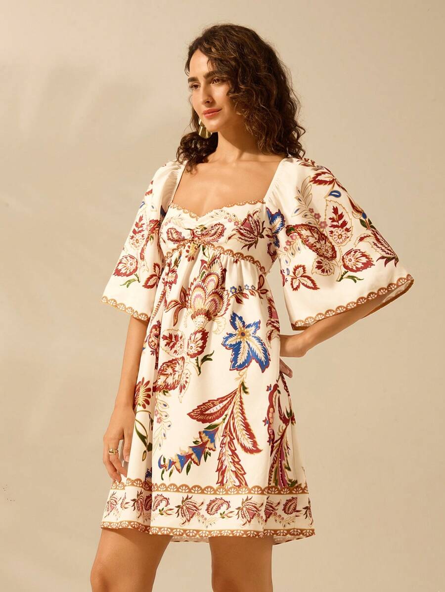 CAJUNI Vestido Curto Casual de Férias Vintage com Estampa Floral Tropical Boêmia para Mulheres
