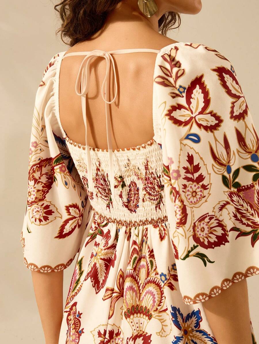 CAJUNI Vestido Curto Casual de Férias Vintage com Estampa Floral Tropical Boêmia para Mulheres