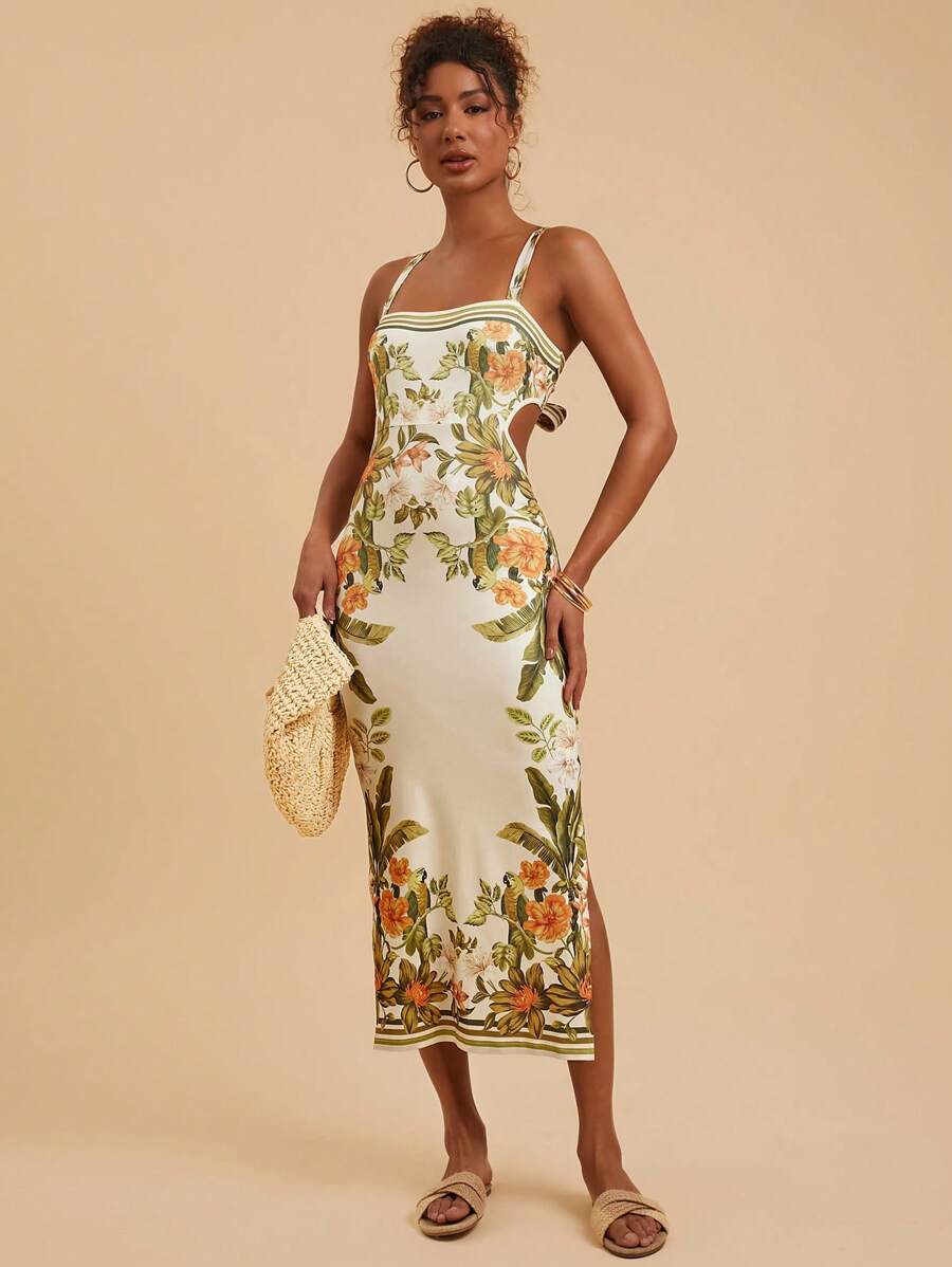 Travachic Vestido Feminino Estampa Floral Costas Abertas Sem Mangas, Estilo de Férias, Looks de Verão para Mulheres, Verão, Looks de Férias para Mulheres, Vestidos de Verão para Mulheres