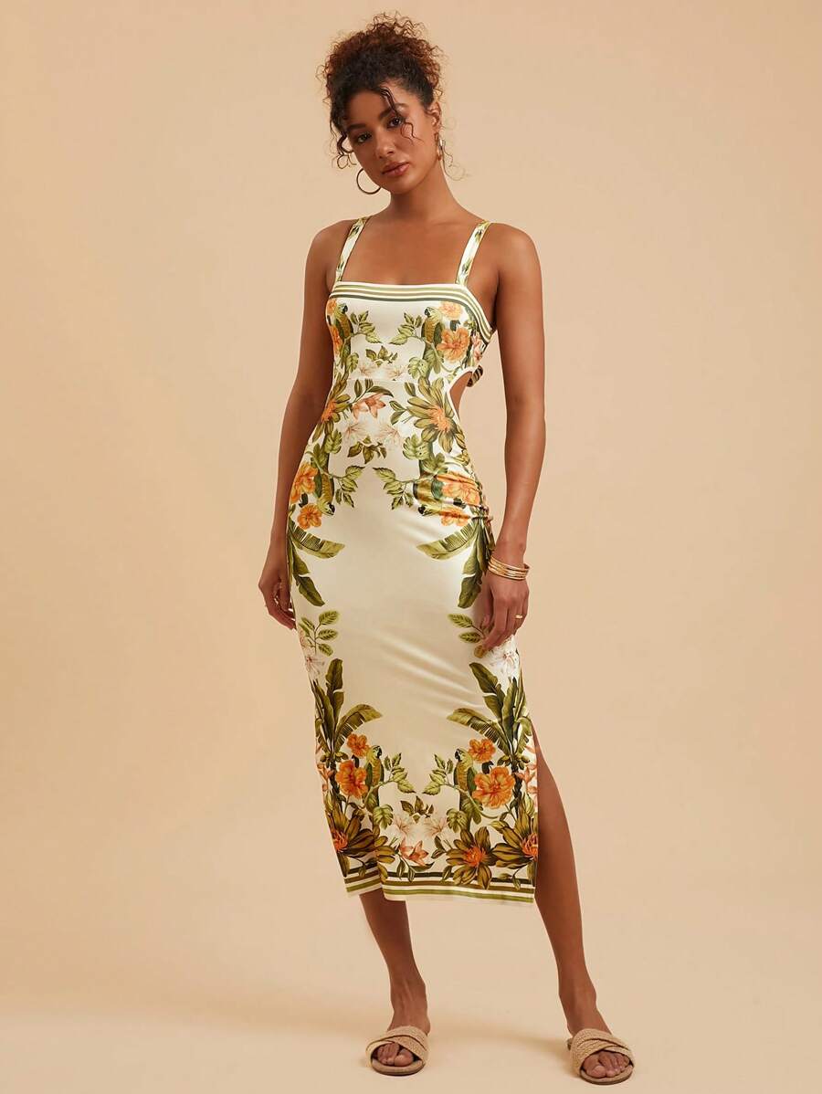Travachic Vestido Feminino Estampa Floral Costas Abertas Sem Mangas, Estilo de Férias, Looks de Verão para Mulheres, Verão, Looks de Férias para Mulheres, Vestidos de Verão para Mulheres