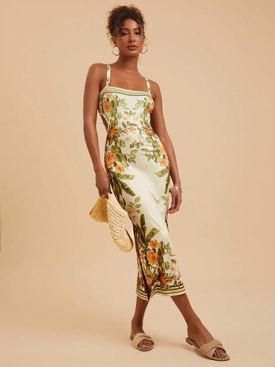 Travachic Vestido Feminino Estampa Floral Costas Abertas Sem Mangas, Estilo de Férias, Looks de Verão para Mulheres, Verão, Looks de Férias para Mulheres, Vestidos de Verão para Mulheres