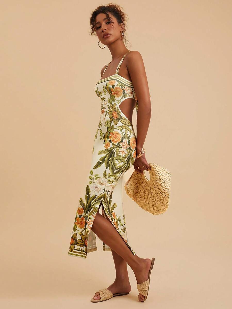 Travachic Vestido Feminino Estampa Floral Costas Abertas Sem Mangas, Estilo de Férias, Looks de Verão para Mulheres, Verão, Looks de Férias para Mulheres, Vestidos de Verão para Mulheres