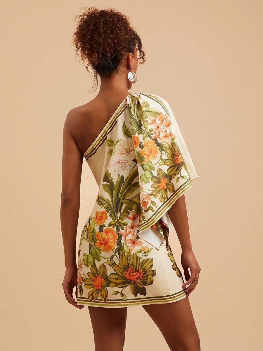Travachic Vestido Curto Assimétrico de Mulher com Estampa Tropical