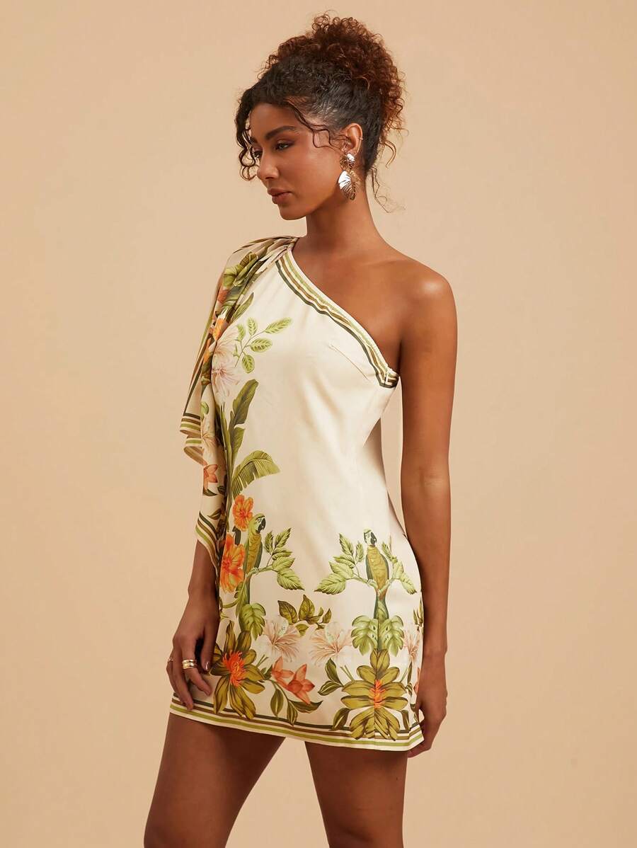 Travachic Vestido Curto Assimétrico de Mulher com Estampa Tropical