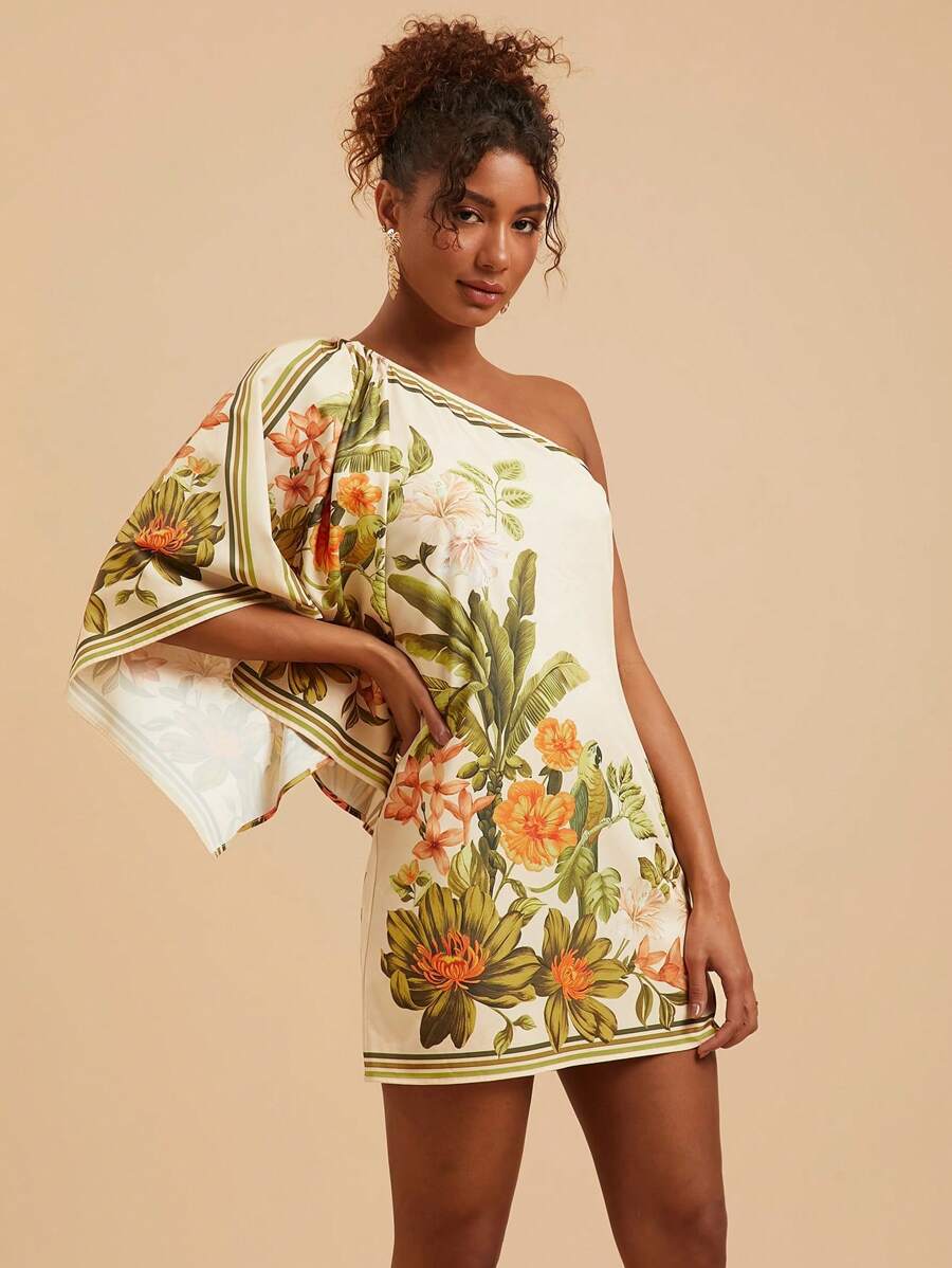 Travachic Vestido Curto Assimétrico de Mulher com Estampa Tropical