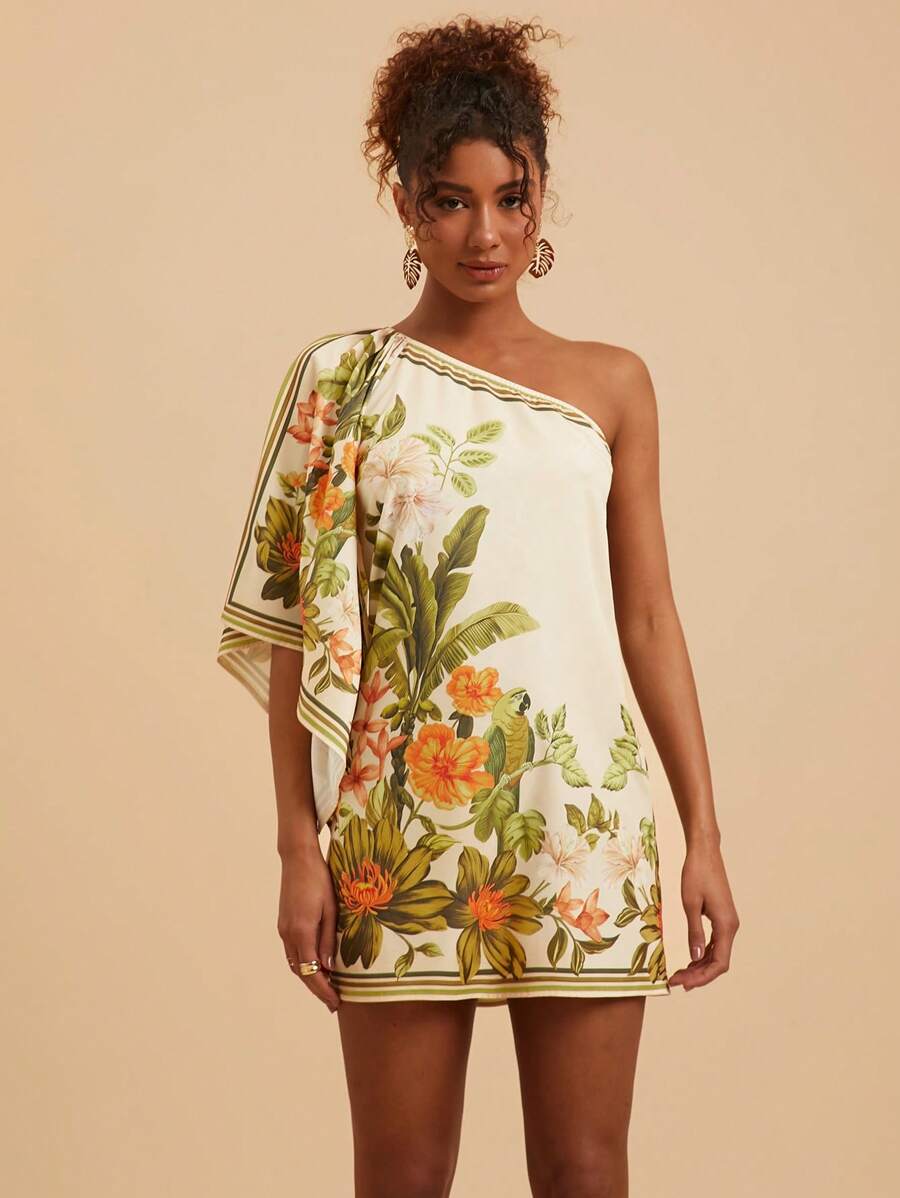 Travachic Vestido Curto Assimétrico de Mulher com Estampa Tropical