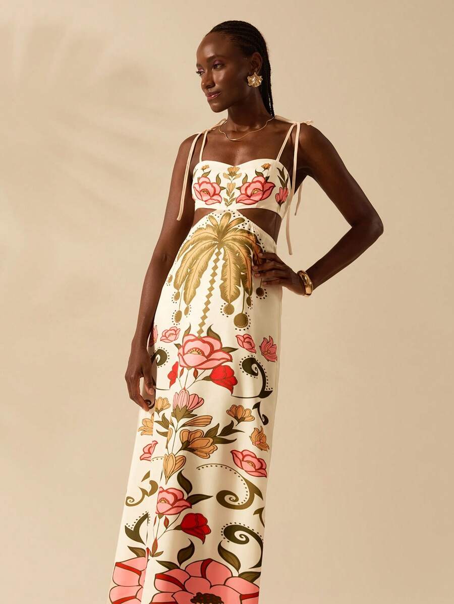 CAJUNI Vestido Longo Cropped Casual com Amarração na Frente, Estampa Tropical Colorida de Coqueiros e Flores, Sem Mangas, Vestido de Praia para Férias