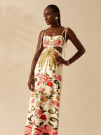 CAJUNI Vestido Longo Cropped Casual com Amarração na Frente, Estampa Tropical Colorida de Coqueiros e Flores, Sem Mangas, Vestido de Praia para Férias